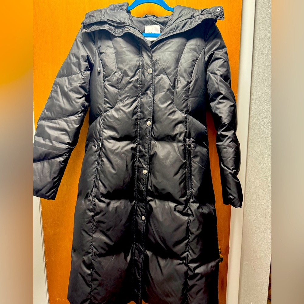 Black long coat with hood size medium.